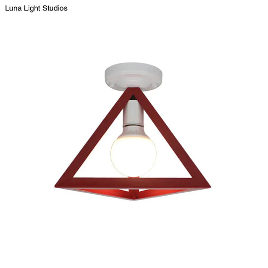 Triangle Ceiling Fixture With Cage Shade Loft-Style 1-Bulb Metal Semi-Flush Mount Light Black/Red