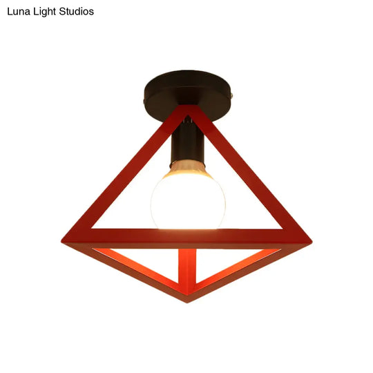 Triangle Ceiling Fixture With Cage Shade Loft-Style 1-Bulb Metal Semi-Flush Mount Light Black/Red