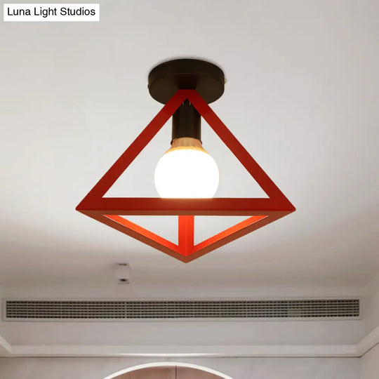 Triangle Ceiling Fixture With Cage Shade Loft-Style 1-Bulb Metal Semi-Flush Mount Light Black/Red