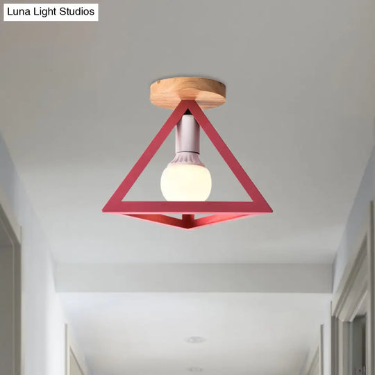 Triangle Ceiling Fixture With Cage Shade Loft-Style 1-Bulb Metal Semi-Flush Mount Light Black/Red