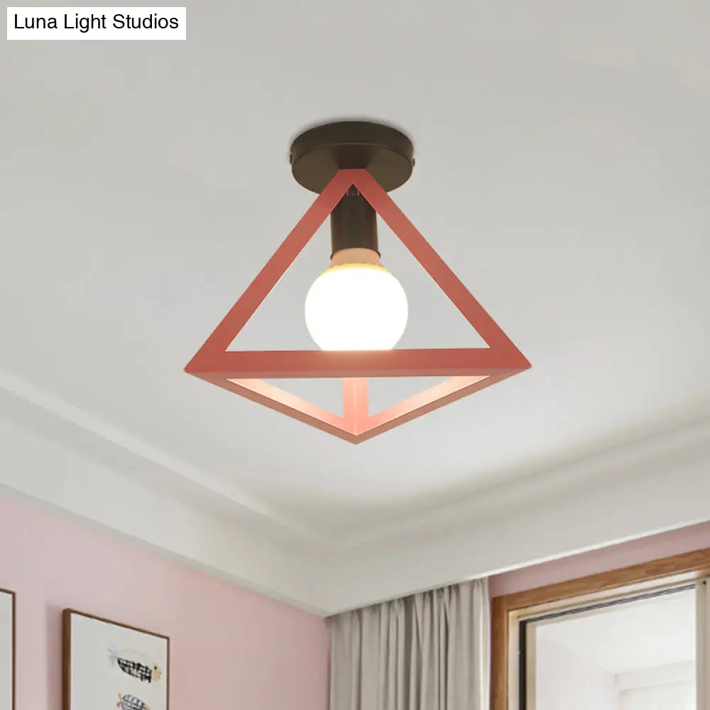 Triangle Ceiling Fixture With Cage Shade Loft-Style 1-Bulb Metal Semi-Flush Mount Light Black/Red