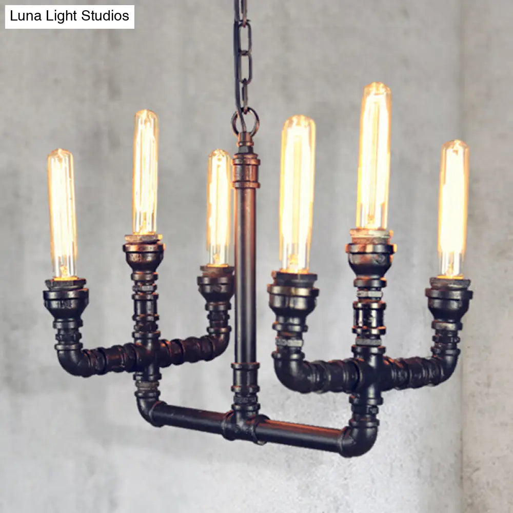 Black Trident Metal Suspension Pendant - 6 Heads Ceiling Chandelier Ideal For Restaurants