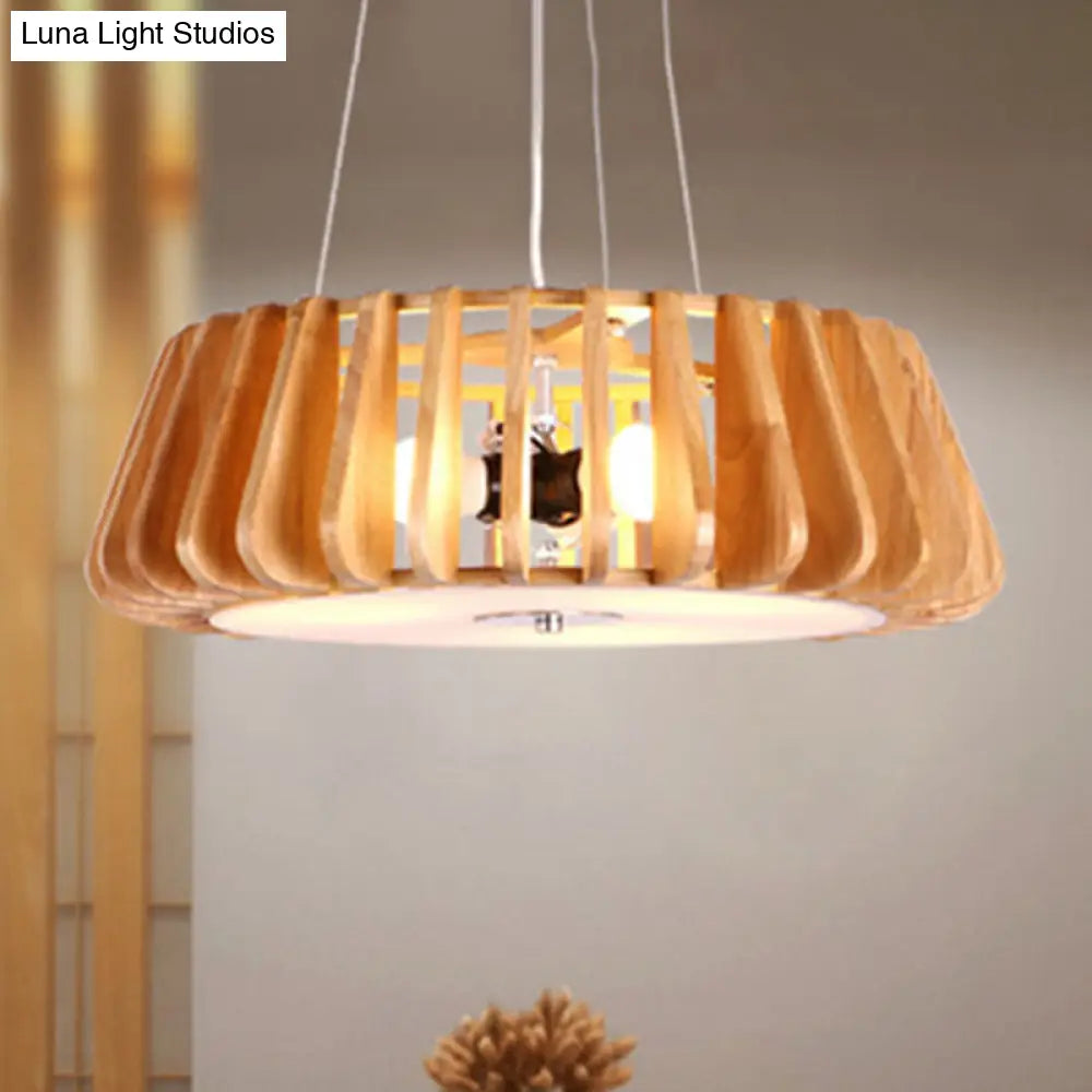 Triple Light Wooden Drum Chandelier For Modern Restaurant Decor