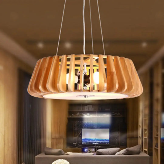 Triple Light Wooden Drum Chandelier For Modern Restaurant Decor 3 / Wood