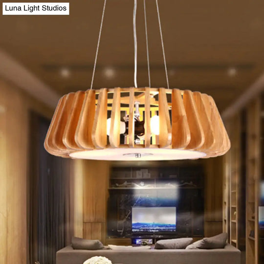 Modern Wooden Drum Chandelier: Triple Light Pendant For Restaurant Ceiling 3 / Wood