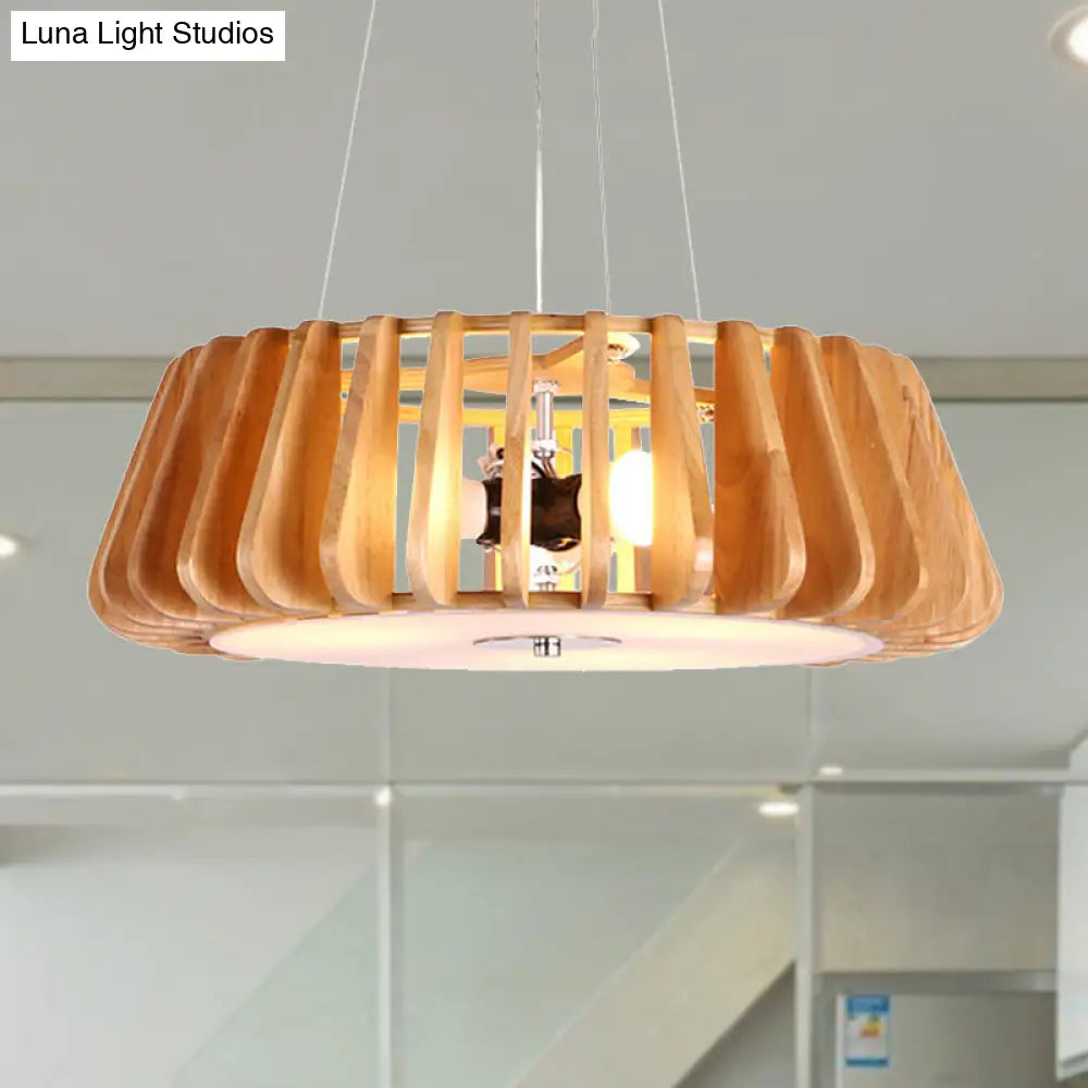 Triple Light Wooden Drum Chandelier For Modern Restaurant Decor
