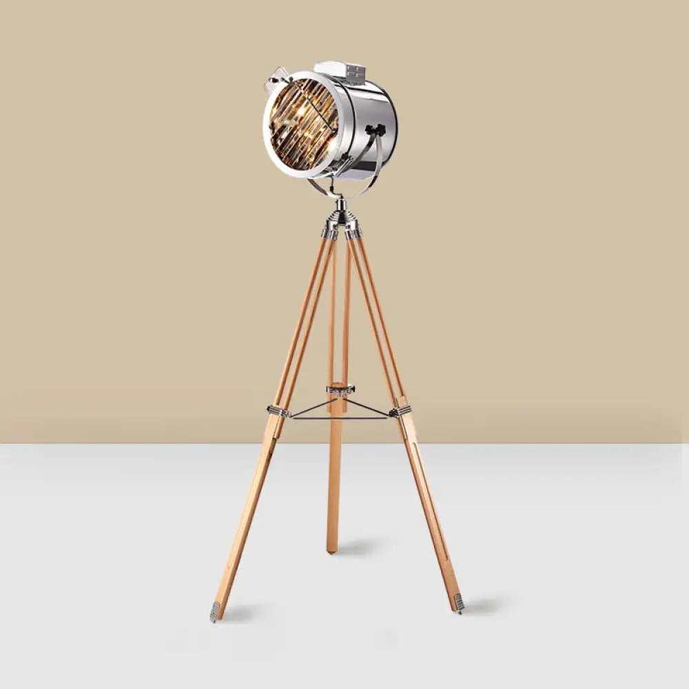 Tripod Spotlight Floor Lamp - Stainless Steel Standing Light Industrial Design Wood