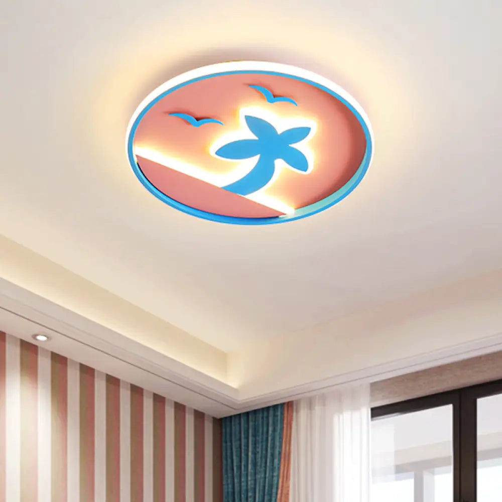 Tropical Beach Kids Led Flush Mount Ceiling Light - Pink And Blue With Circle Acrylic Shade