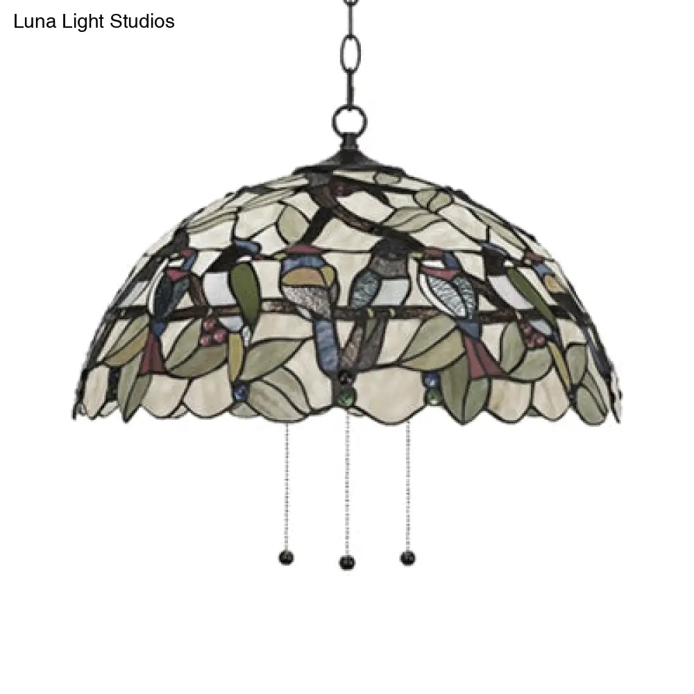 Tropical Bird Pendant Ceiling Light - Green Tiffany Stained Glass Hanging Lamp For Dining Room