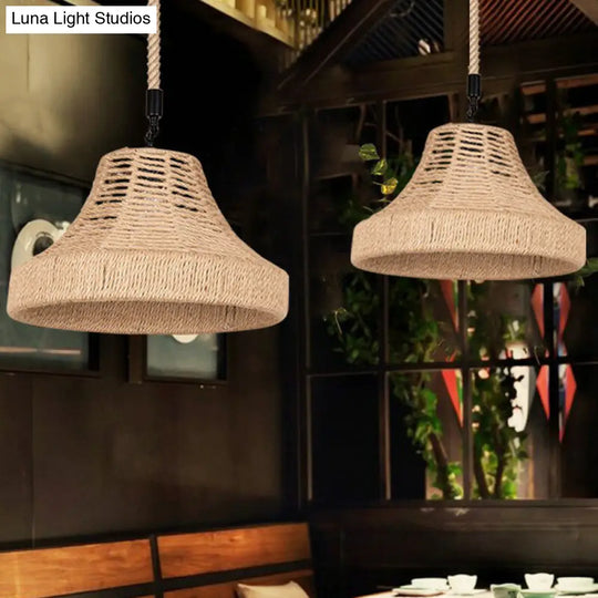 Trumpet Down Lighting Pendant In Brown 1-Light Manila Rope Hanging Lamp For Restaurants