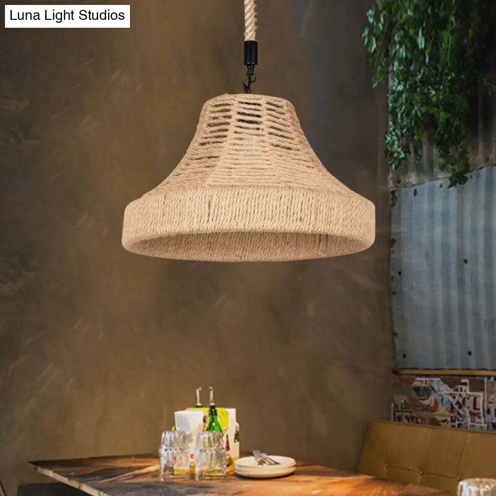 Trumpet Down Lighting Pendant In Brown 1-Light Manila Rope Hanging Lamp For Restaurants