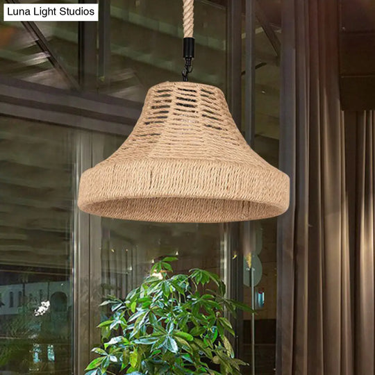 Trumpet Down Lighting Pendant In Brown 1-Light Manila Rope Hanging Lamp For Restaurants