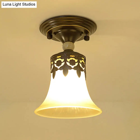 Trumpet Flare Beige Glass Semi-Flush Mount Ceiling Light For Foyer Décor