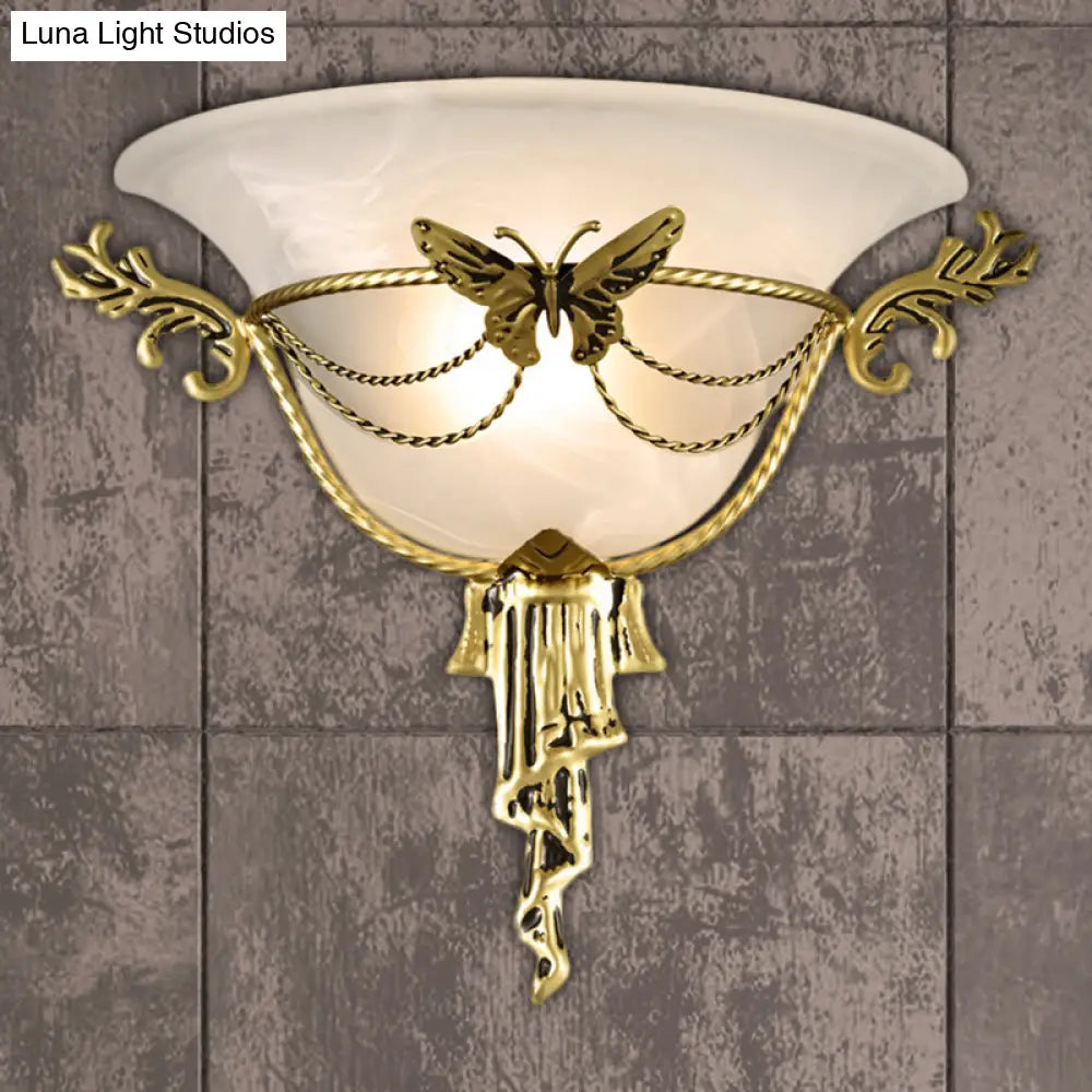 Trumpet Flare Milk Glass Sconce Light With Brass Butterfly Deco - Wall Mounted Lamp