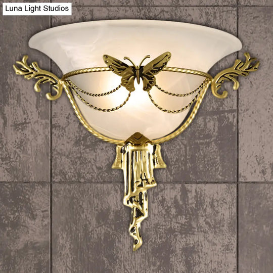 Trumpet Flare Milk Glass Sconce Light With Brass Butterfly Deco - Wall Mounted Lamp