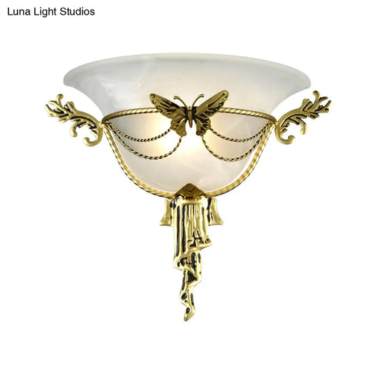 Trumpet Flare Milk Glass Sconce Light With Brass Butterfly Deco - Wall Mounted Lamp