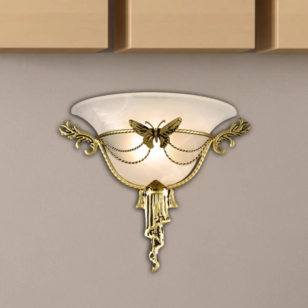 Trumpet Flare Milk Glass Sconce Light With Brass Butterfly Deco - Wall Mounted Lamp