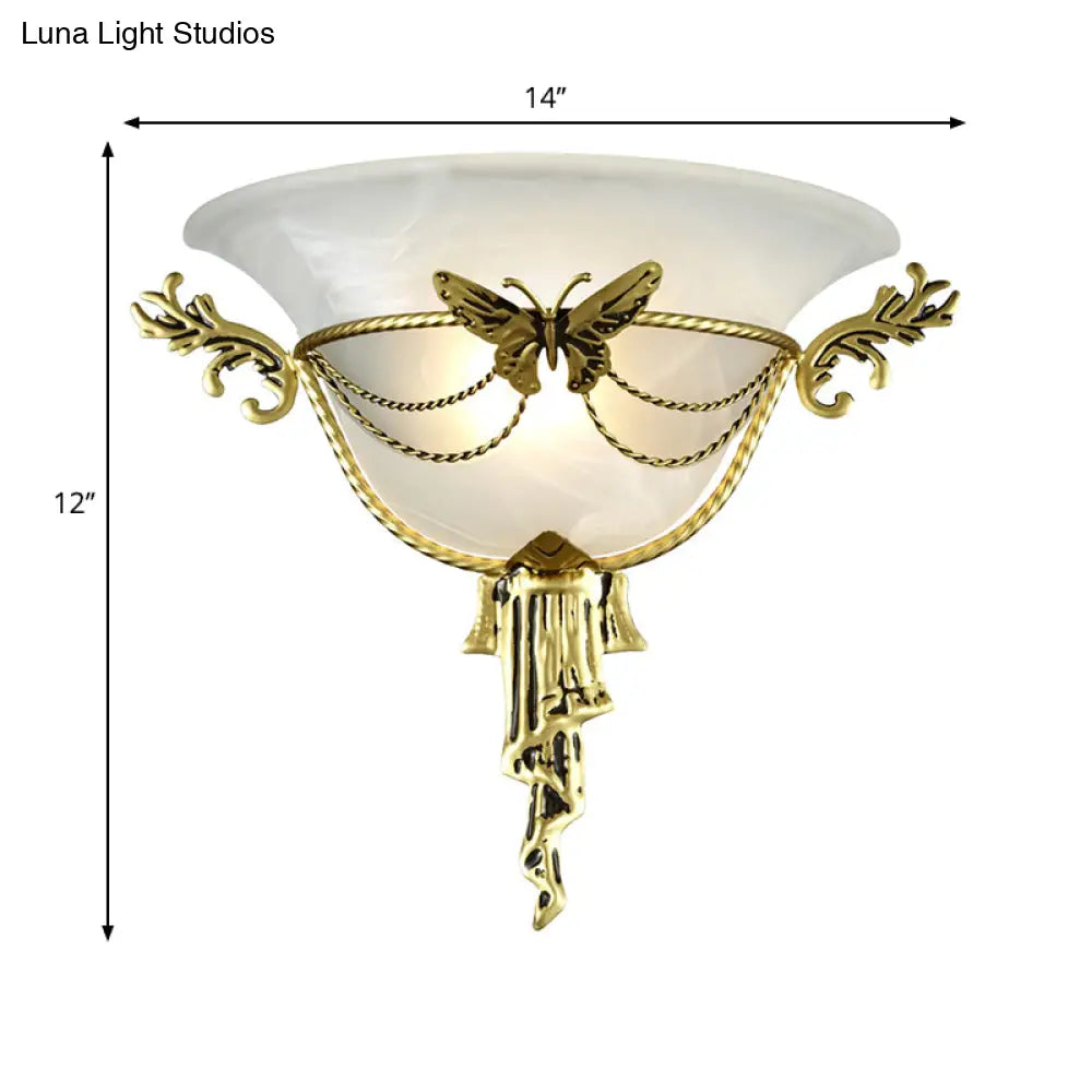 Trumpet Flare Milk Glass Sconce Light With Brass Butterfly Deco - Wall Mounted Lamp