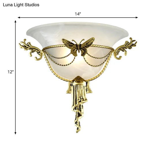 Trumpet Flare Milk Glass Sconce Light With Brass Butterfly Deco - Wall Mounted Lamp