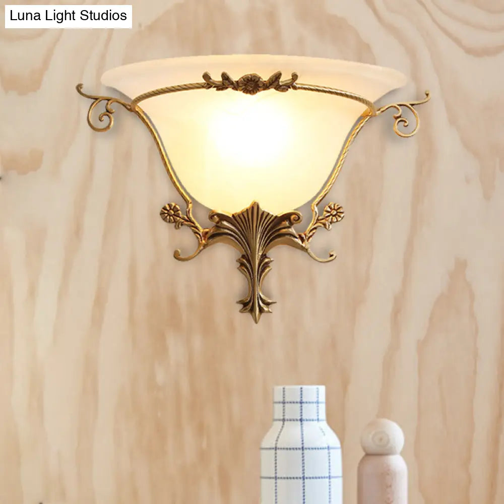 Trumpet Flare Sconce Light With Traditionary Milk Glass Brass Finish And Vine Decoration