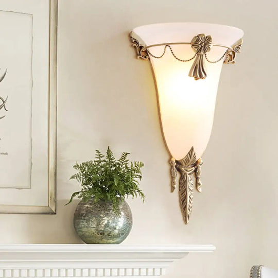 Trumpet Flare Sconce Light With White Glass And Brass Wall Fixture For Living Room - 9.5/12.5 Wide /