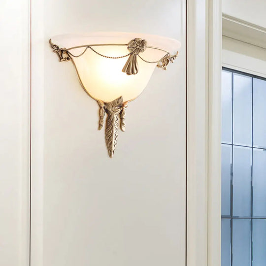 Trumpet Flare Sconce Light With White Glass And Brass Wall Fixture For Living Room - 9.5/12.5 Wide /