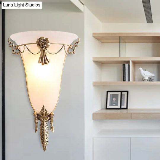 Trumpet Flare Sconce Light With White Glass And Brass Wall Fixture For Living Room - 9.5/12.5 Wide