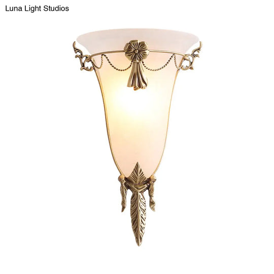 Trumpet Flare Sconce Light With White Glass And Brass Wall Fixture For Living Room - 9.5/12.5 Wide