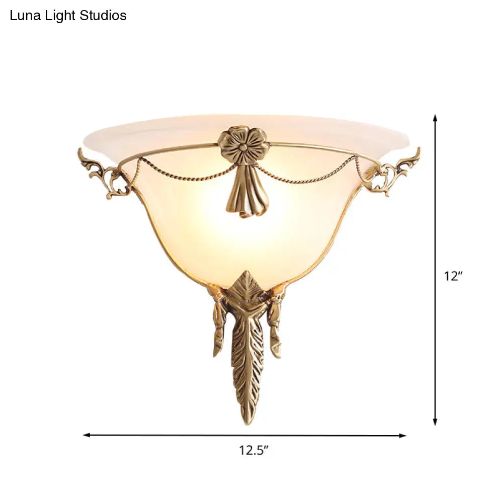 Trumpet Flare Sconce Light With White Glass And Brass Wall Fixture For Living Room - 9.5/12.5 Wide