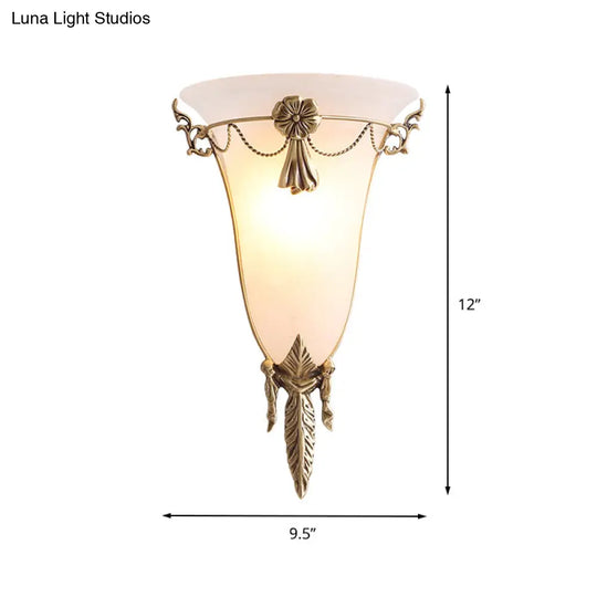 Trumpet Flare Sconce Light With White Glass And Brass Wall Fixture For Living Room - 9.5/12.5 Wide