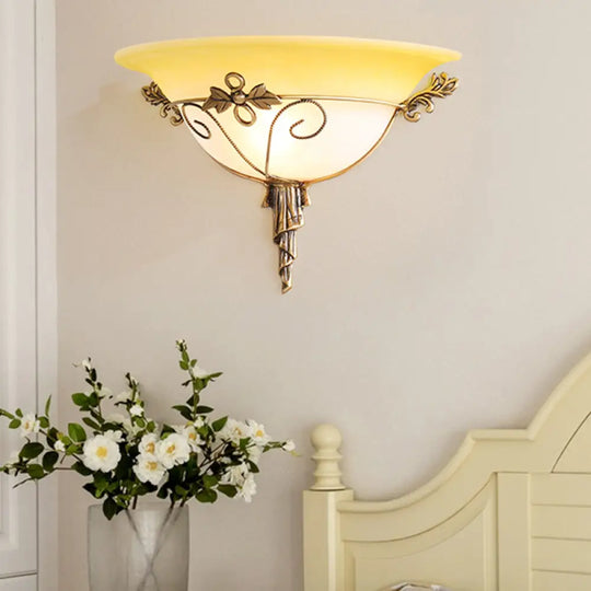 Trumpet Sconce With White/Yellow Glass And Leaf Deco For Stairway - Wall Mounted Light Fixture (1