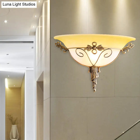 Trumpet Sconce With White/Yellow Glass And Leaf Deco For Stairway - Wall Mounted Light Fixture (1