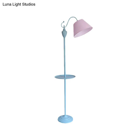 Truncated Cone Shade Floor Lamp In Macaron Fabric - Pink/Blue/Yellow | 1 Bulb Storage Tray Ideal For