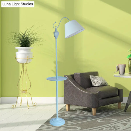 Truncated Cone Shade Floor Lamp In Macaron Fabric - Pink/Blue/Yellow | 1 Bulb Storage Tray Ideal For