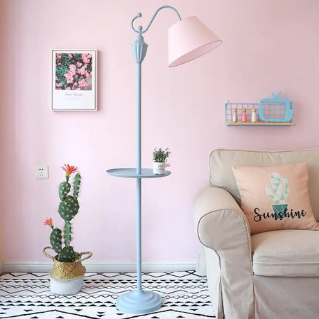 Truncated Cone Shade Floor Lamp In Macaron Fabric - Pink/Blue/Yellow | 1 Bulb Storage Tray Ideal For
