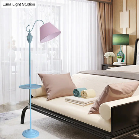 Truncated Cone Shade Floor Lamp In Macaron Fabric - Pink/Blue/Yellow | 1 Bulb Storage Tray Ideal For