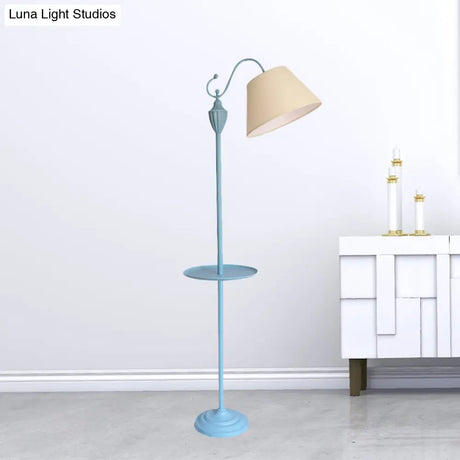 Truncated Cone Shade Floor Lamp In Macaron Fabric - Pink/Blue/Yellow | 1 Bulb Storage Tray Ideal For