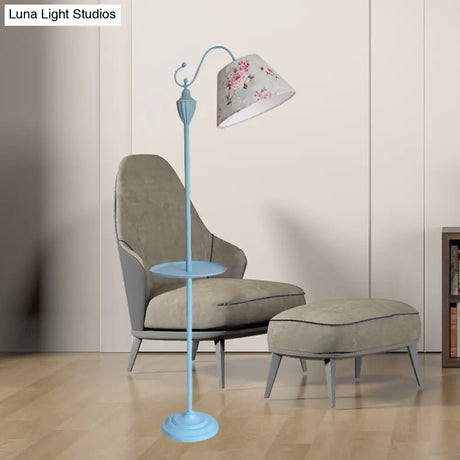 Truncated Cone Shade Floor Lamp In Macaron Fabric - Pink/Blue/Yellow | 1 Bulb Storage Tray Ideal For