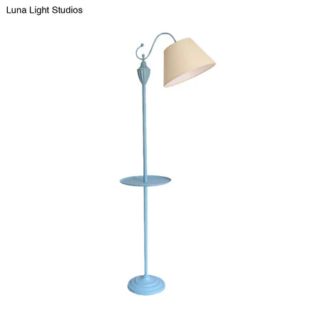 Truncated Cone Shade Floor Lamp In Macaron Fabric - Pink/Blue/Yellow | 1 Bulb Storage Tray Ideal For