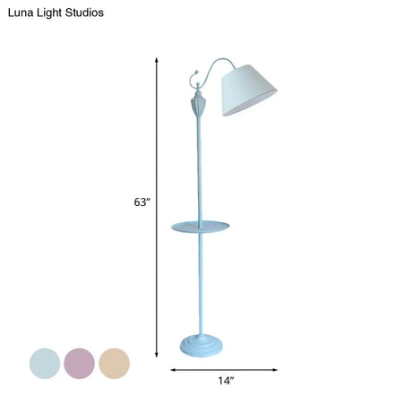 Truncated Cone Shade Floor Lamp In Macaron Fabric - Pink/Blue/Yellow | 1 Bulb Storage Tray Ideal For