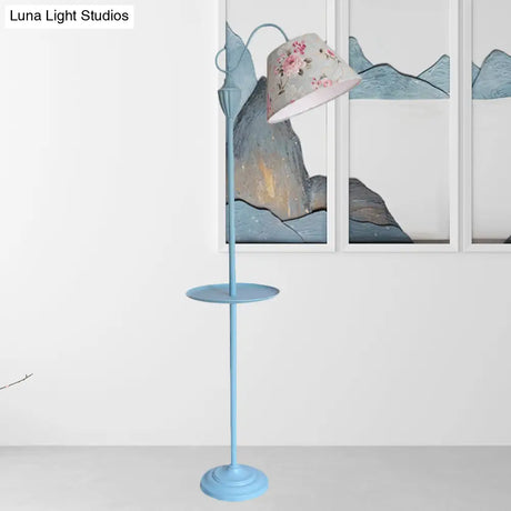 Truncated Cone Shade Floor Lamp In Macaron Fabric - Pink/Blue/Yellow | 1 Bulb Storage Tray Ideal For