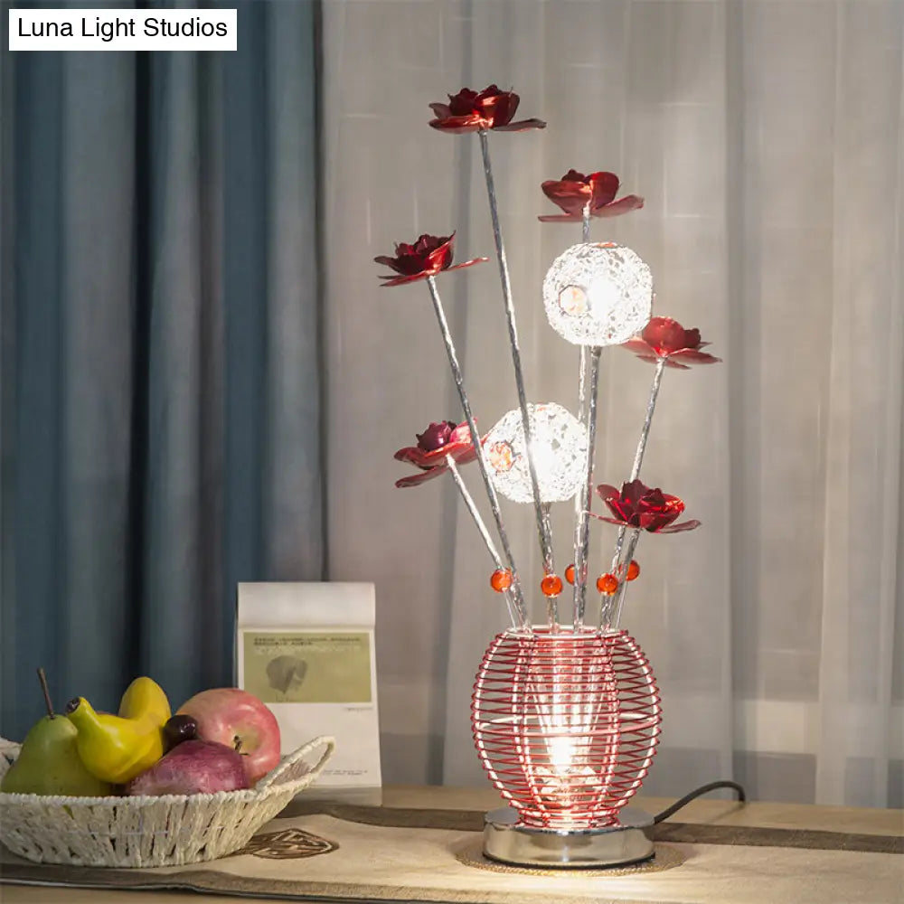 Spherical Led Rose Table Lamp: Pink/Red Aluminum Decorative Nightstand Light For Bedroom