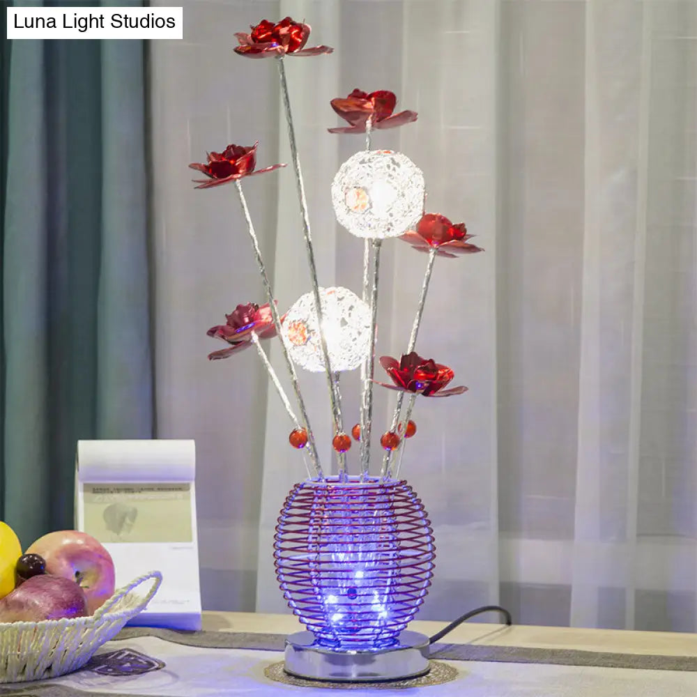 Spherical Led Rose Table Lamp: Pink/Red Aluminum Decorative Nightstand Light For Bedroom Red