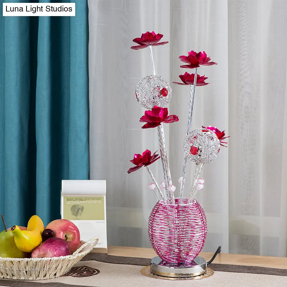 Spherical Led Rose Table Lamp: Pink/Red Aluminum Decorative Nightstand Light For Bedroom Pink