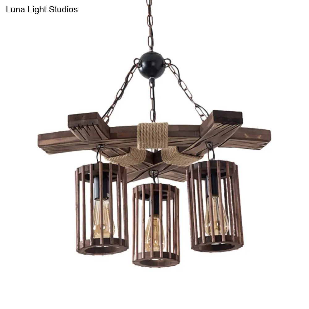 Tseen Kee - Vintage Wood Brown Chandelier Cylinder Pendant Light (3/6-Light)