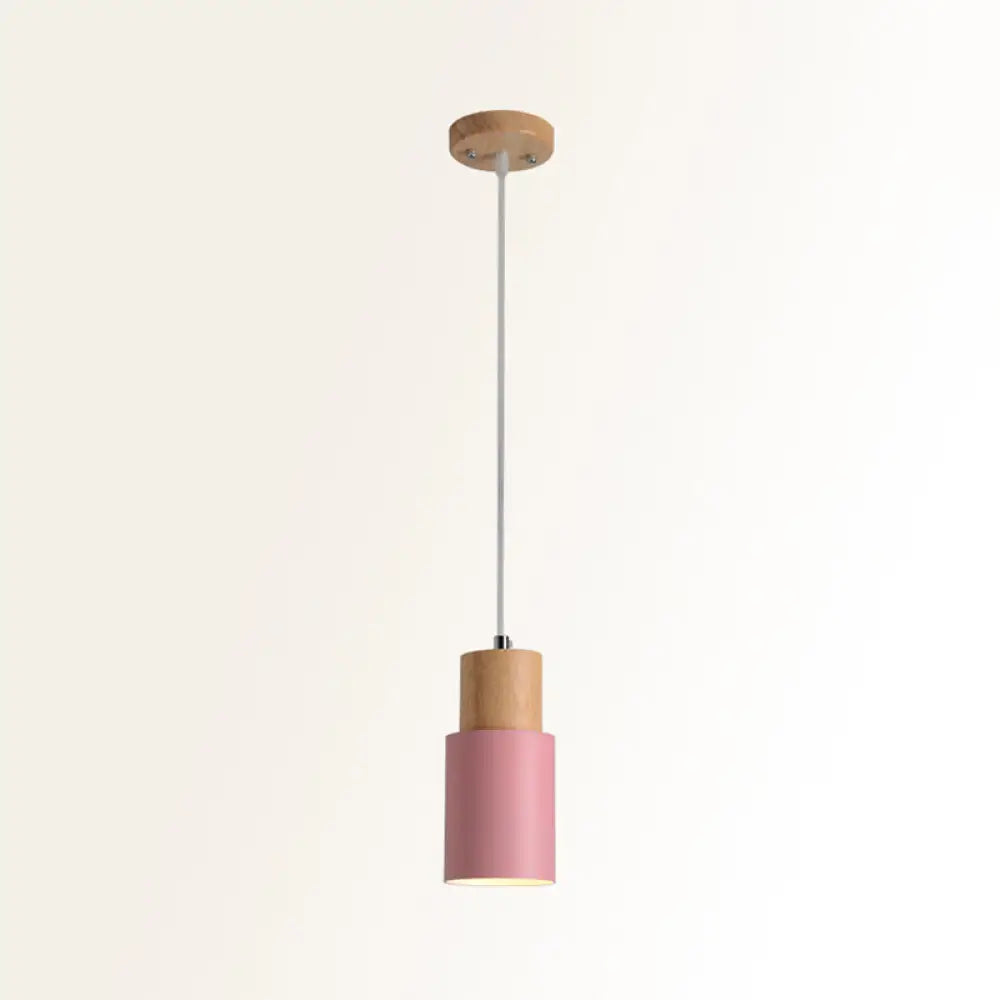 Tubular Ceiling Pendant Minimalist Metal 1-Light Suspension Lighting Fixture With Wood Top Pink