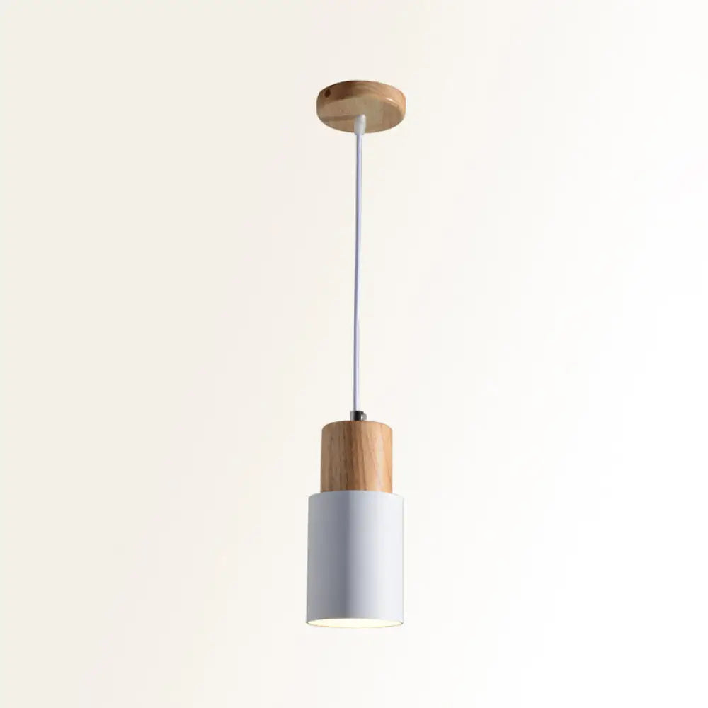 Tubular Ceiling Pendant Minimalist Metal 1-Light Suspension Lighting Fixture With Wood Top White