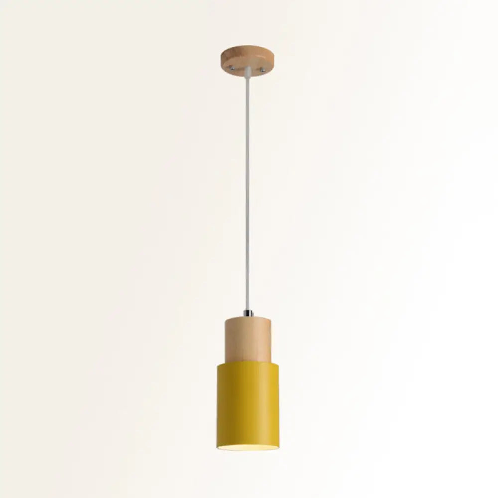 Tubular Ceiling Pendant Minimalist Metal 1-Light Suspension Lighting Fixture With Wood Top Yellow