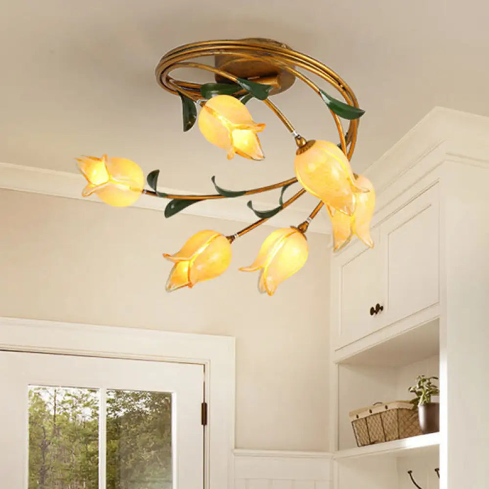 Tulip Ceiling Light: 6 - Bulb Led Semi Flush Mount In Brass For Living Room / A