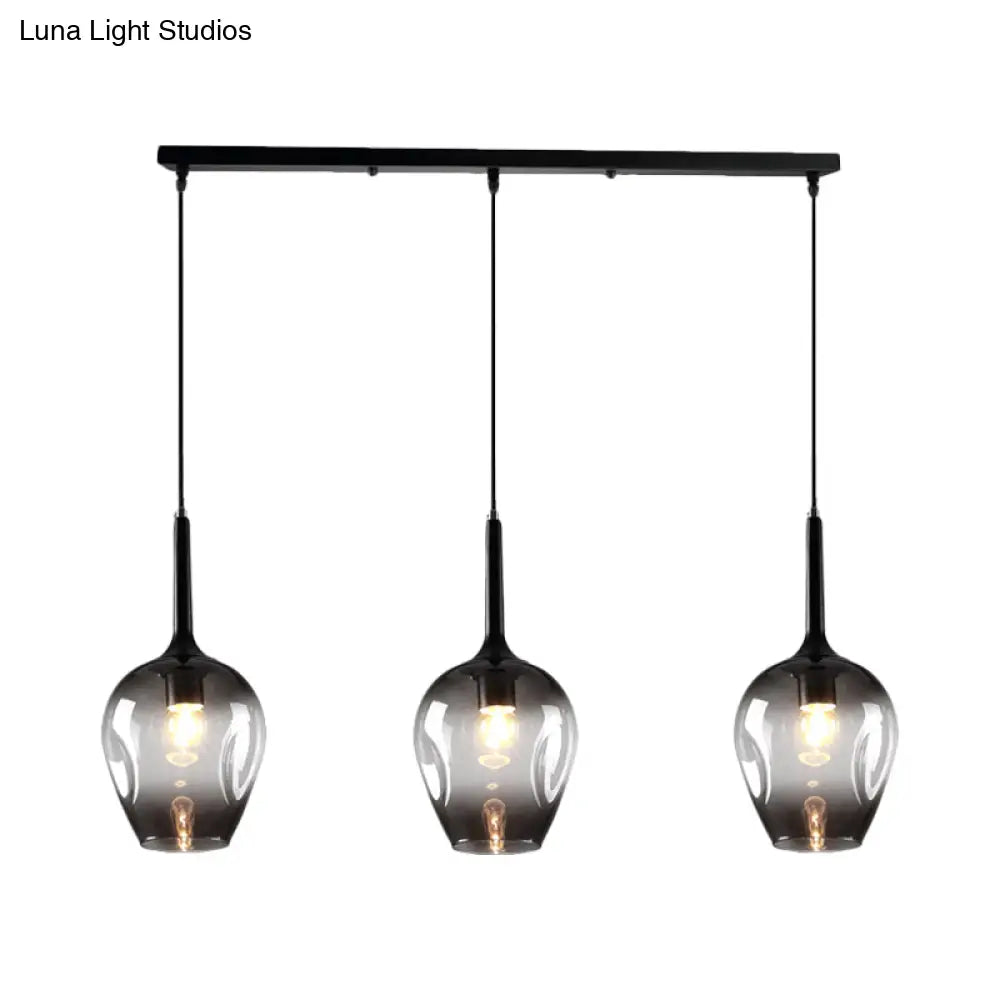 Tulip Cluster Pendant Lamp Modern Amber/Smoke/Blue Glass 3 Lights Black Ceiling Hung Light With